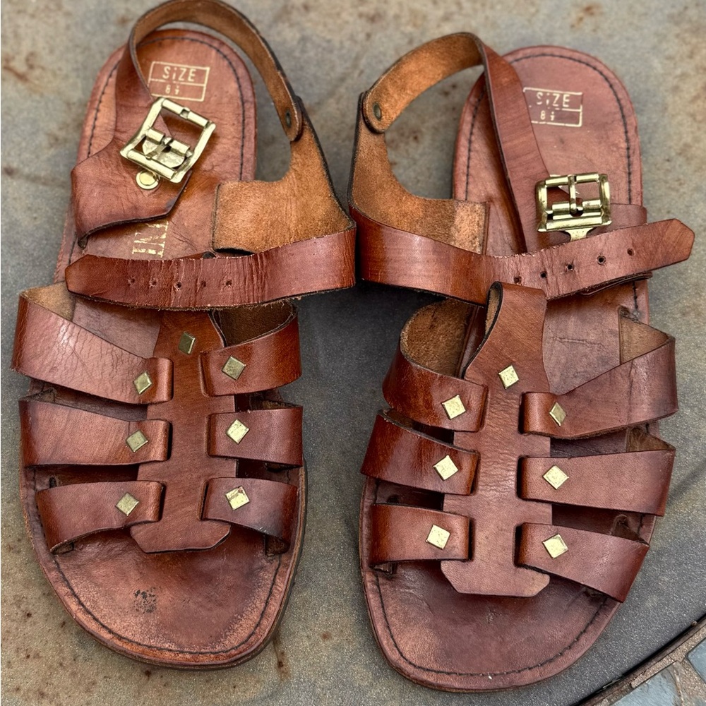 Vintage Handmade Brown Leather fisherman Sandals with Gold Buckles.